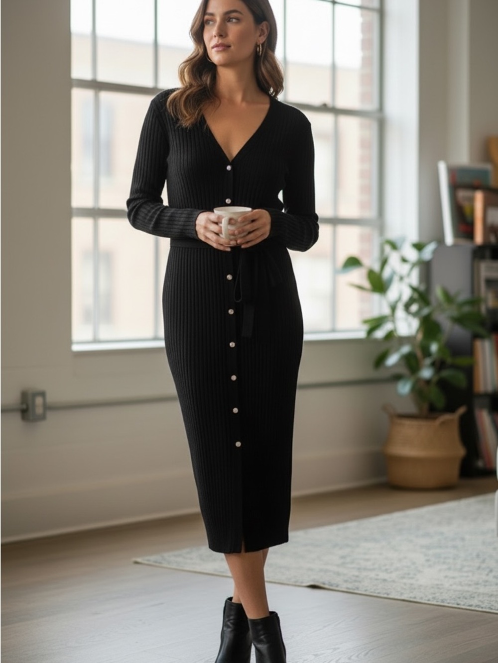 Victoria's Secret Black Ribbed Button-Front Midi Dress